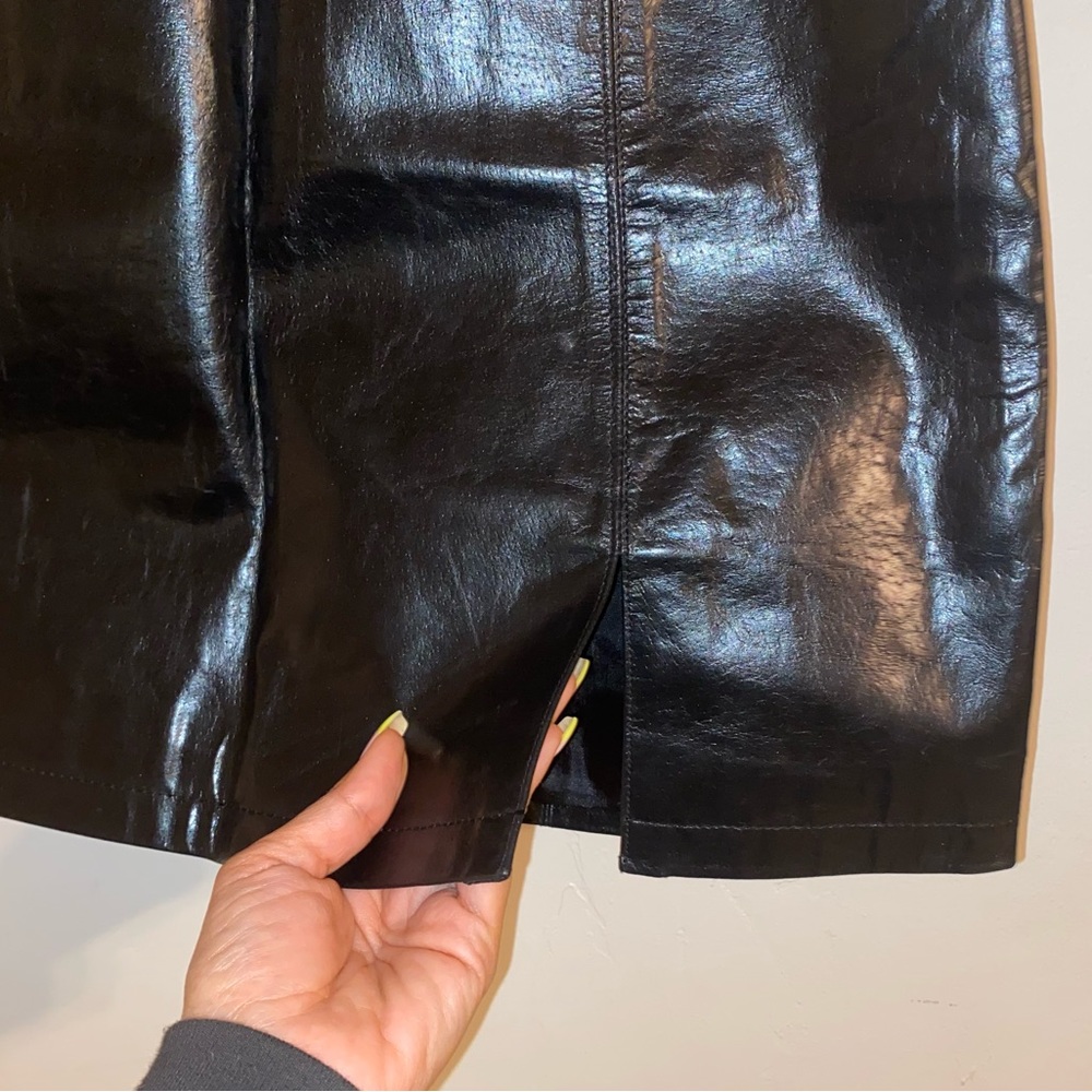 Copper Key Front Slit  Black Leather Skirt Size 3 - Picture 4 of 5
